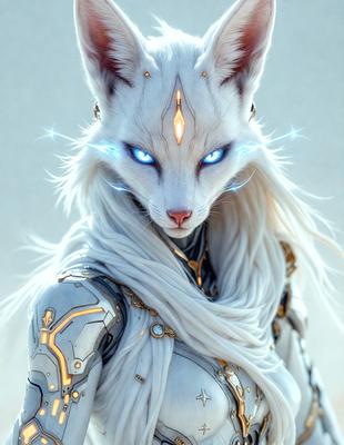 The primary subject of the image is a white fox with blue eyes, wearing a white and gold outfit. The fox appears to be a character from a video game, as it is depicted with a futuristic, cyberpunk-inspired design. The setting is a white background, which provides a clean and minimalist look to the image. The visual style is a combination of digital art and illustration, creating a unique and eye-catching character. The colors and mood of the image are pre